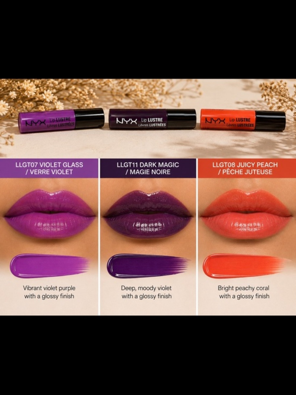 NYX Lip Lustre Glossy Lip Tint Trio Violet Glass Dark Magic Juicy Peach NEW